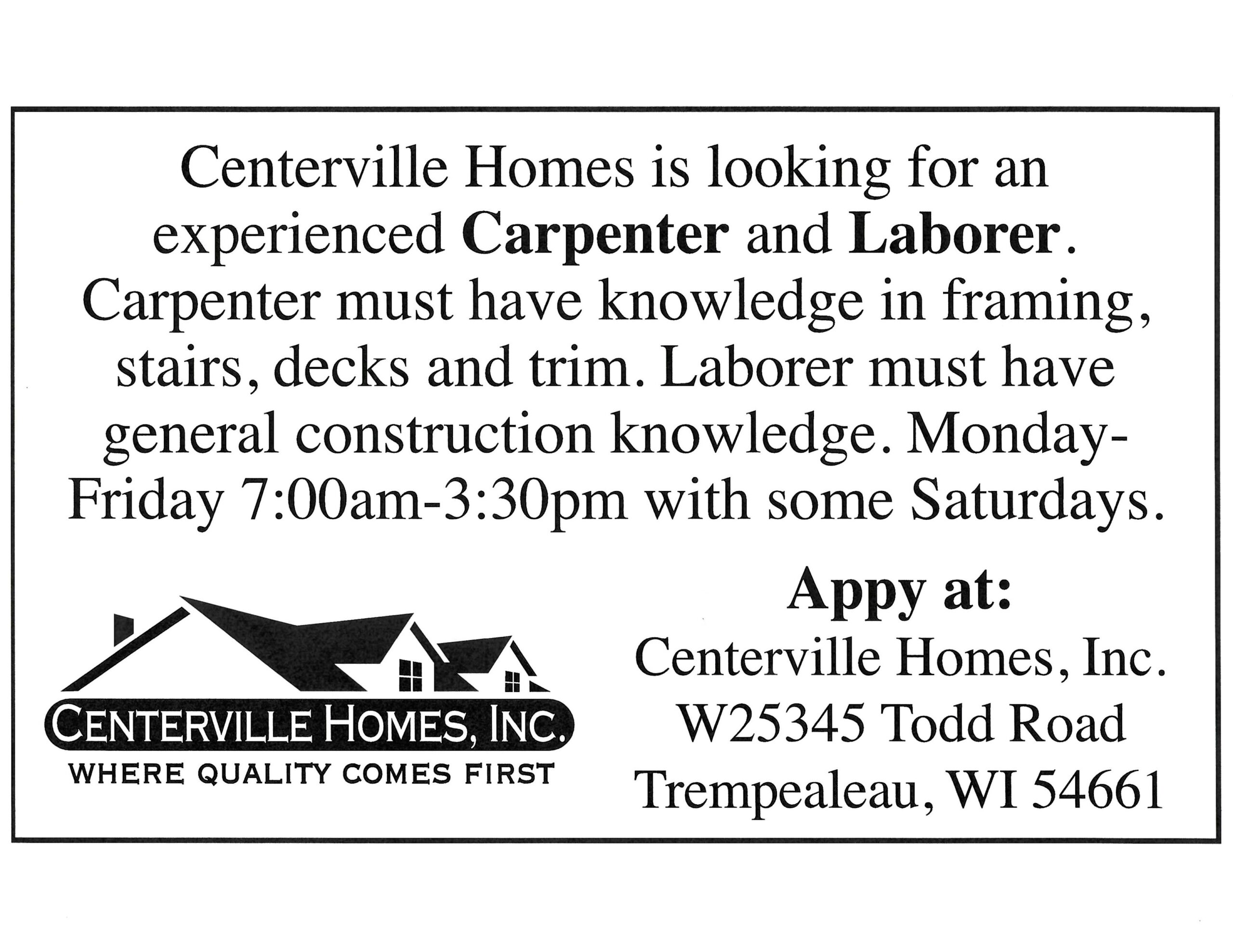 Carpenter and Laborer Wanted 03-2026